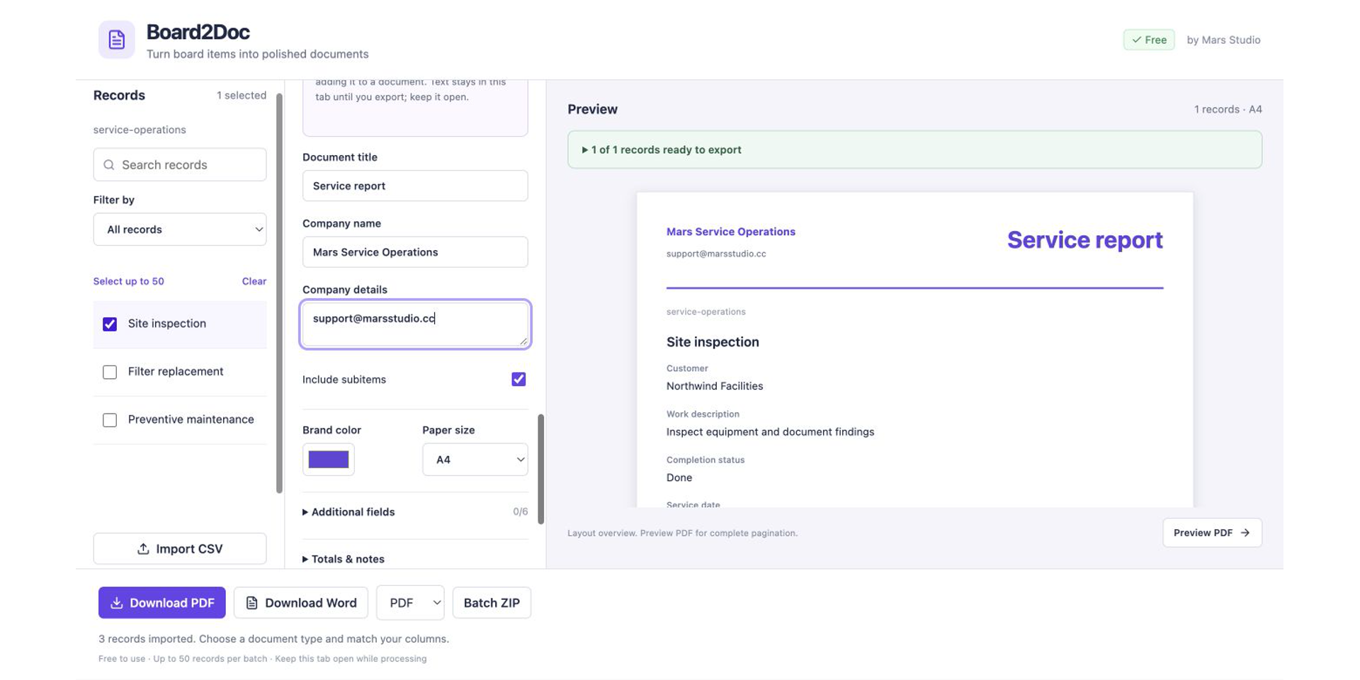 Board2Doc service report workflow